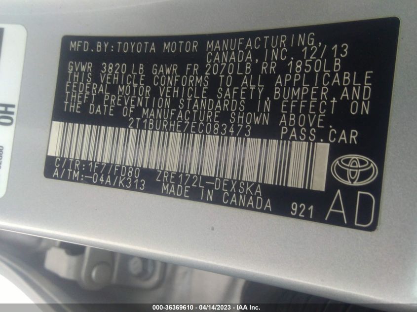 2014 TOYOTA COROLLA L/LE/S/S PLUS/LE PLUS - 2T1BURHE7EC083473