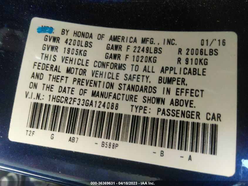 2016 HONDA ACCORD SEDAN LX - 1HGCR2F33GA124088