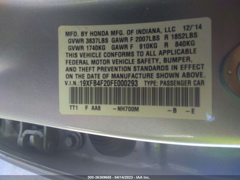 2015 HONDA CIVIC HYBRID 19XFB4F20FE000293