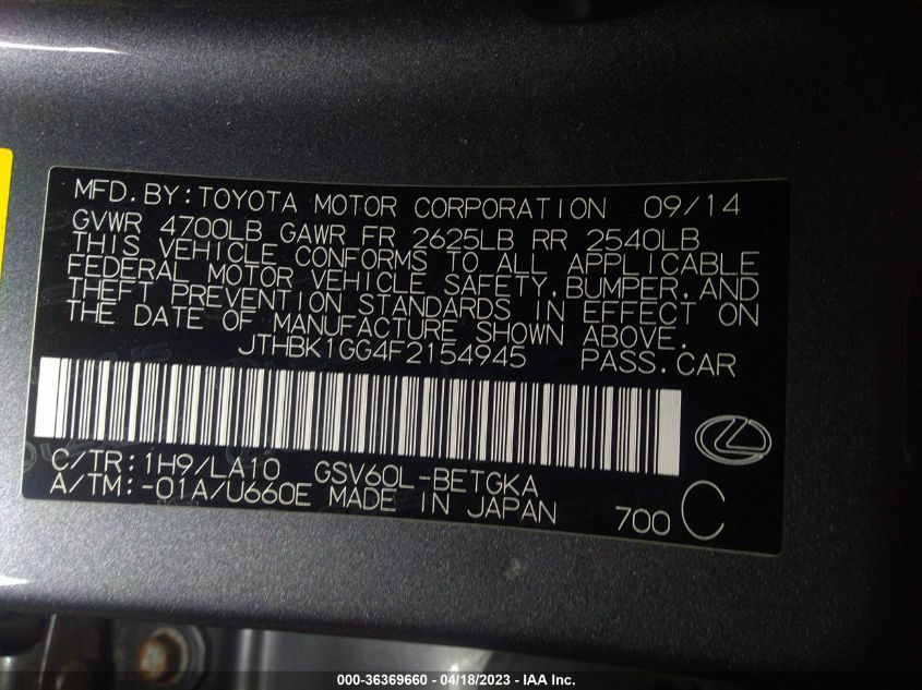 2015 LEXUS ES 350 - JTHBK1GG4F2154945