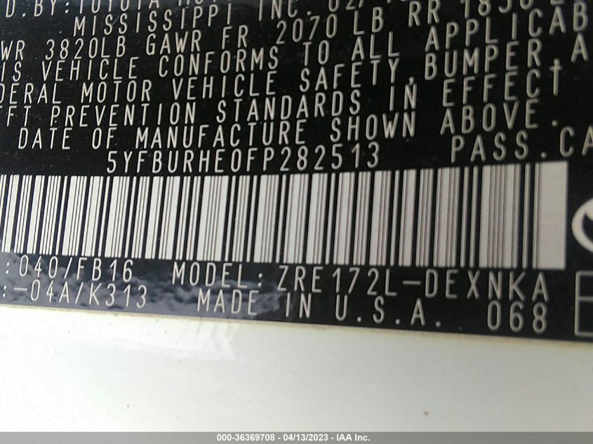 2015 TOYOTA COROLLA L/LE/S/S PLUS/LE PLUS - 5YFBURHE0FP282513