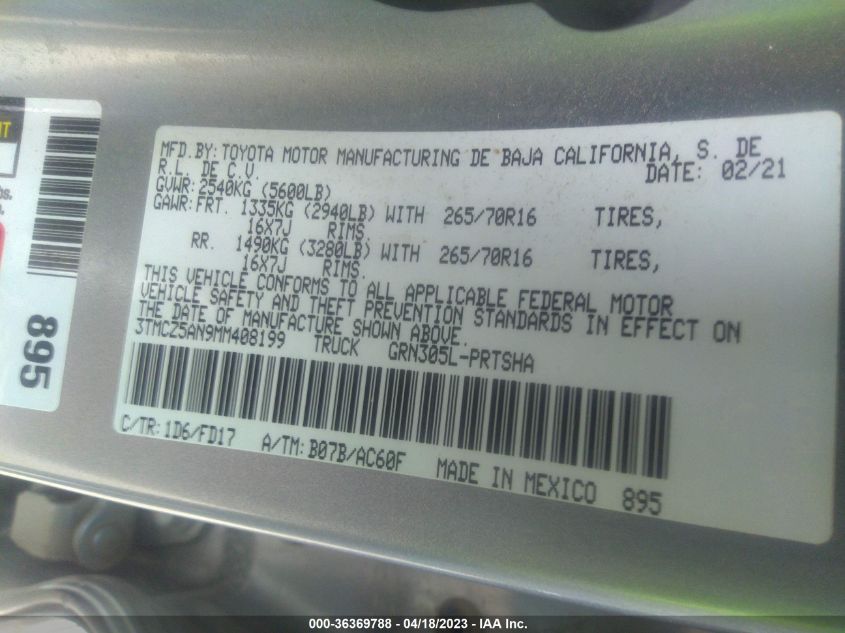 2021 TOYOTA TACOMA 4WD SR/SR5/TRD SPORT - 3TMCZ5AN9MM408199