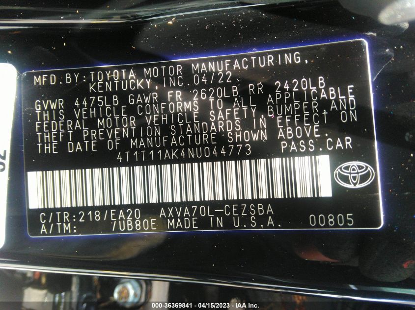 2022 TOYOTA CAMRY SE - 4T1T11AK4NU044773