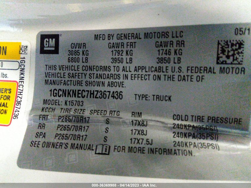 2017 CHEVROLET SILVERADO 1500 WORK TRUCK - 1GCNKNEC7HZ367436