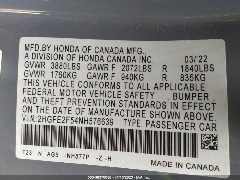 2022 HONDA CIVIC SEDAN SPORT - 2HGFE2F54NH576639