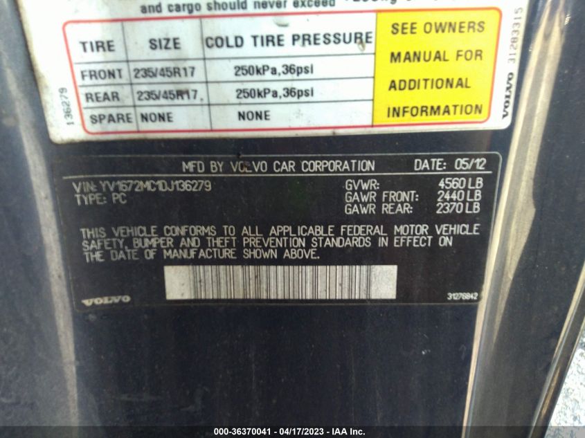 2013 VOLVO C70 T5 YV1672MC1DJ136279
