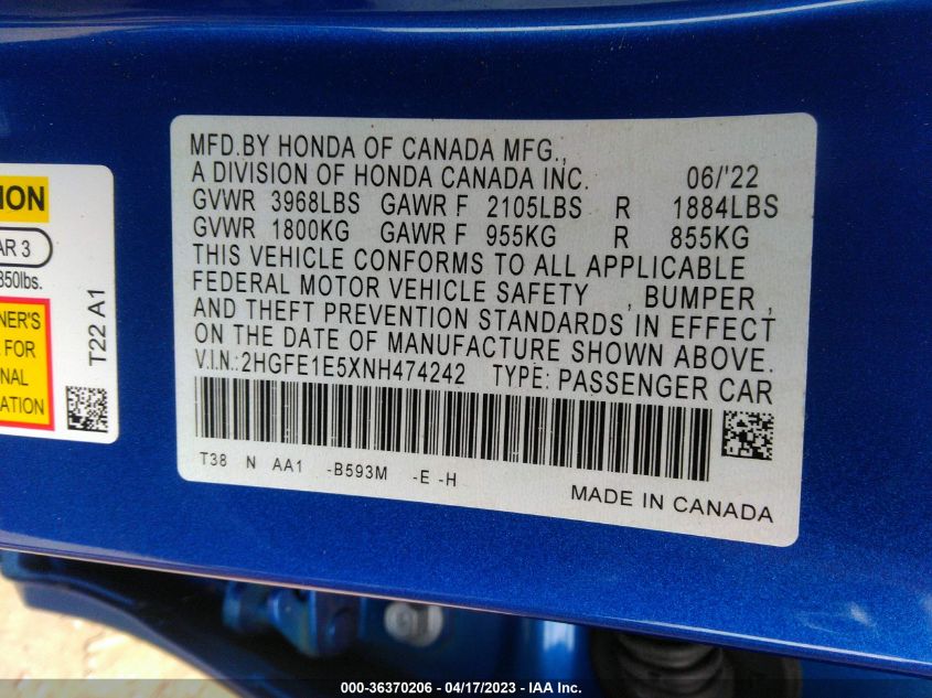 2022 HONDA CIVIC SI 2HGFE1E5XNH474242