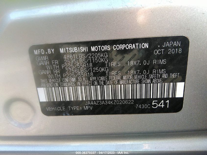 2019 MITSUBISHI OUTLANDER ES/SE/SEL/LE - JA4AZ3A34KZ020622