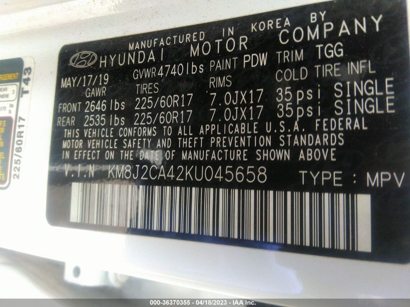 2019 HYUNDAI TUCSON SE - KM8J2CA42KU045658