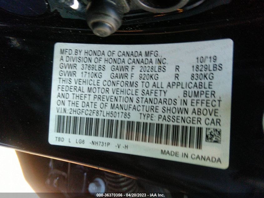 2020 HONDA CIVIC SEDAN SPORT - 2HGFC2F87LH501785