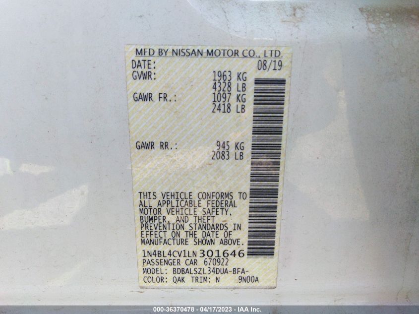 2020 NISSAN ALTIMA 2.5 SR - 1N4BL4CV1LN301646