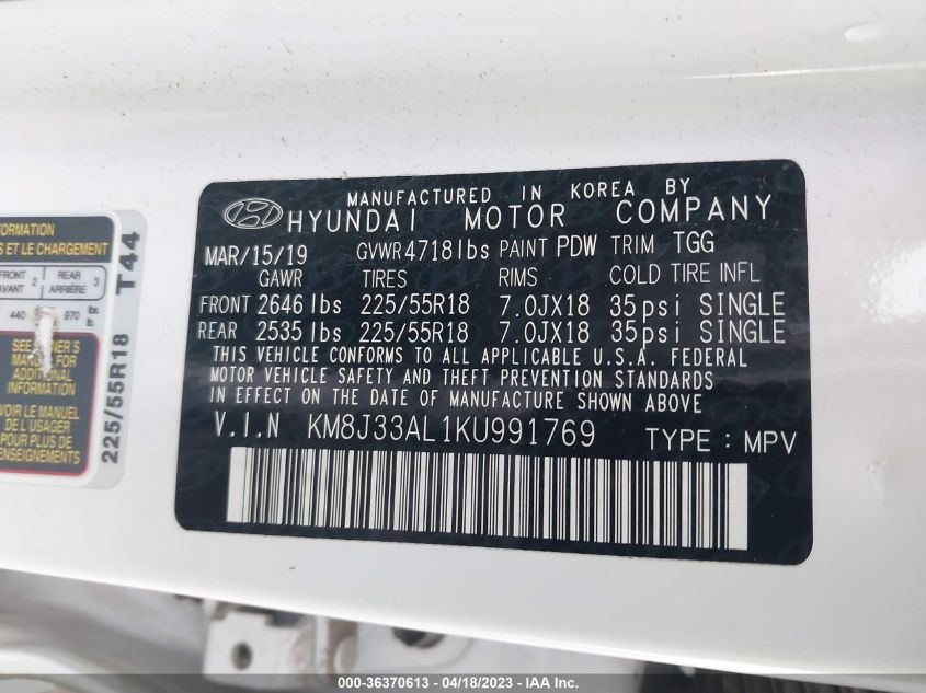 2019 HYUNDAI TUCSON SEL - KM8J33AL1KU991769