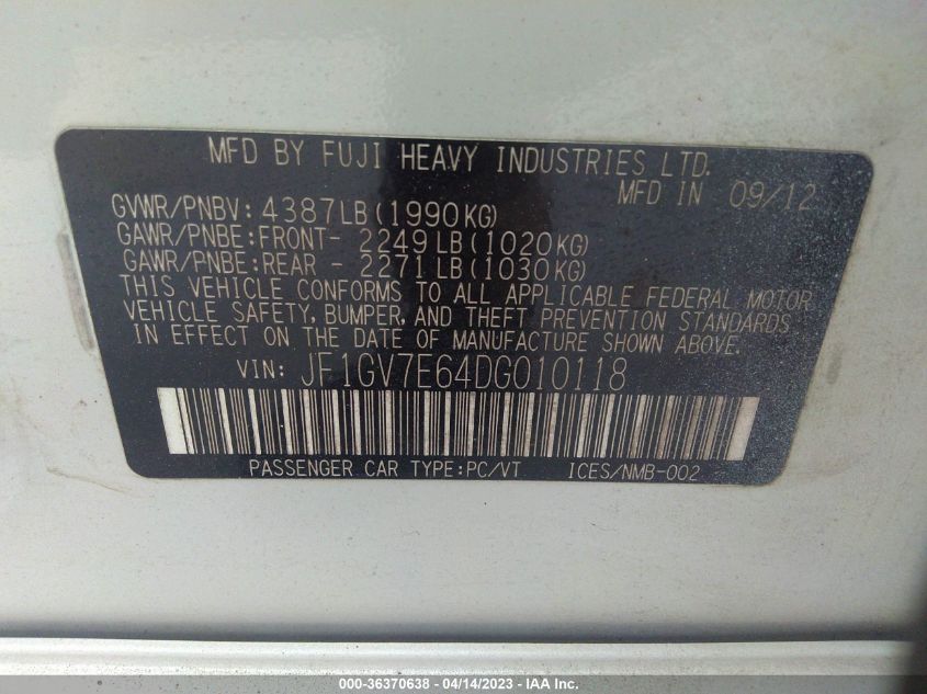 2013 SUBARU IMPREZA SEDAN WRX WRX JF1GV7E64DG010118