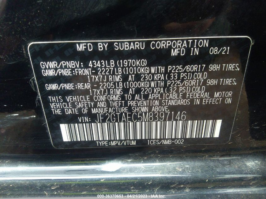 2021 SUBARU CROSSTREK PREMIUM - JF2GTAEC5M8397146