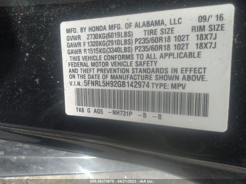 2016 HONDA ODYSSEY TOURING - 5FNRL5H92GB142974