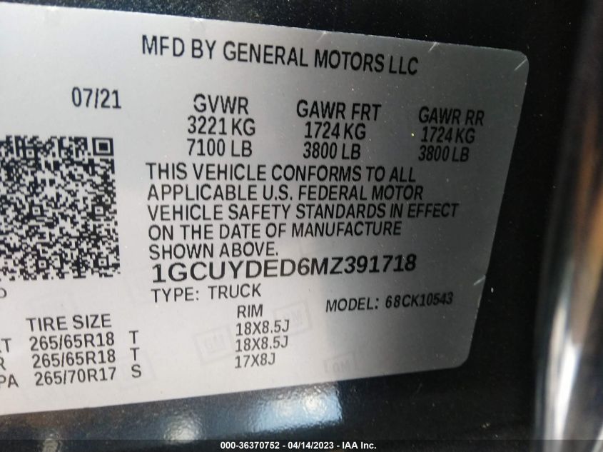 2021 CHEVROLET SILVERADO 1500 LT - 1GCUYDED6MZ391718