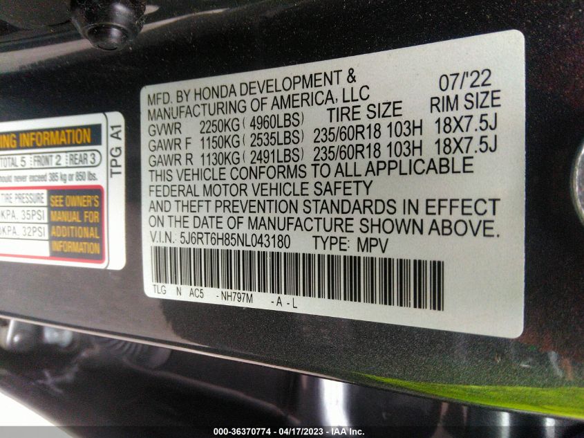 2022 HONDA CR-V HYBRID EX-L 5J6RT6H85NL043180