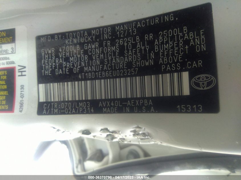 2014 TOYOTA AVALON HYBRID LIMITED/XLE TOURING 4T1BD1EB6EU023257
