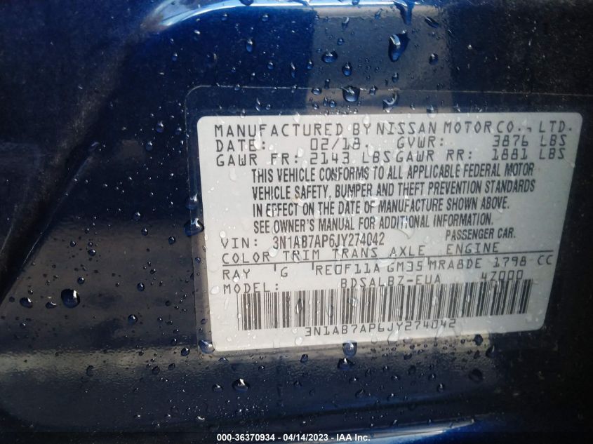 2018 NISSAN SENTRA S - 3N1AB7AP6JY274042