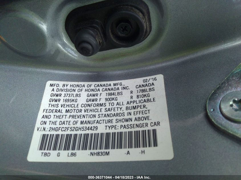 2016 HONDA CIVIC SEDAN LX - 2HGFC2F52GH534429