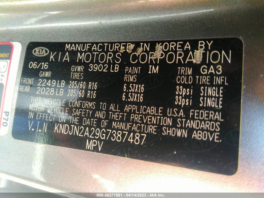 2016 KIA SOUL BASE - KNDJN2A29G7387487