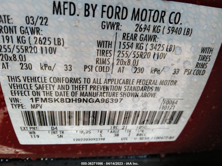 2022 FORD EXPLORER XLT - 1FMSK8DH9NGA96397