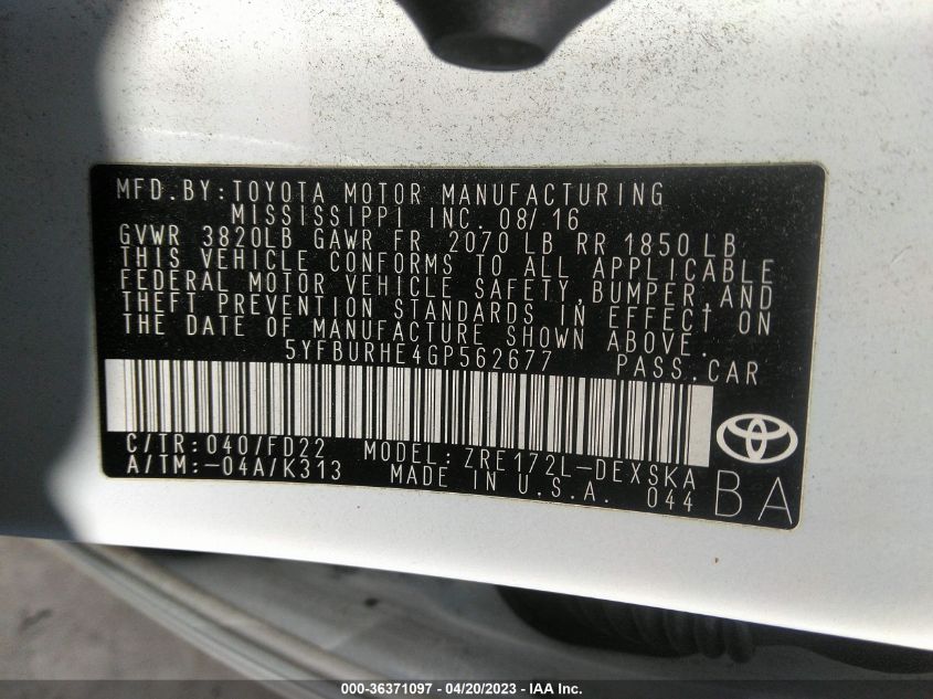 2016 TOYOTA COROLLA L/LE/S/S PLUS/LE PLUS - 5YFBURHE4GP562677
