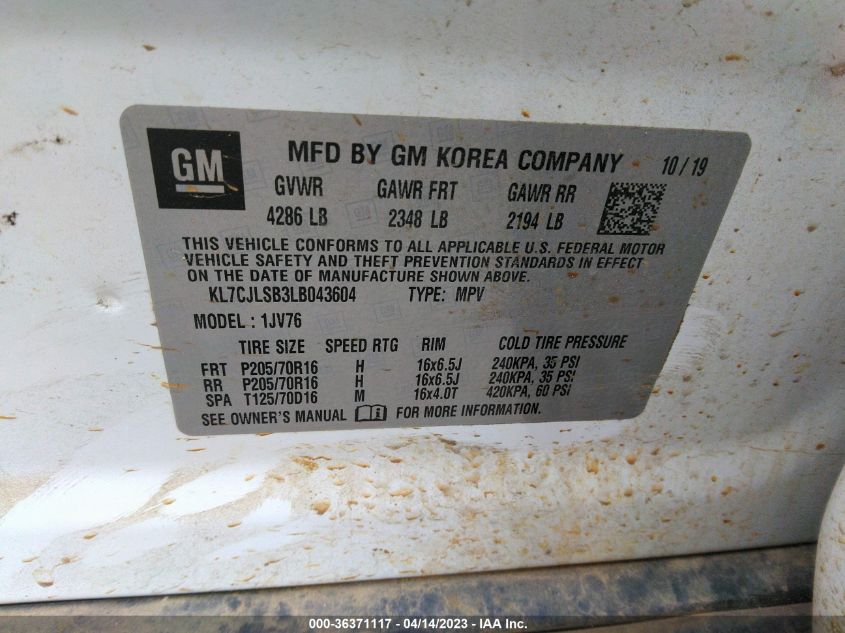 2020 CHEVROLET TRAX LT - KL7CJLSB3LB043604