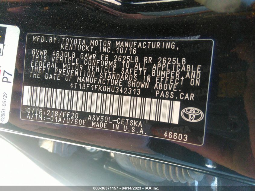 2017 TOYOTA CAMRY XLE/SE/LE/XSE - 4T1BF1FK0HU342313