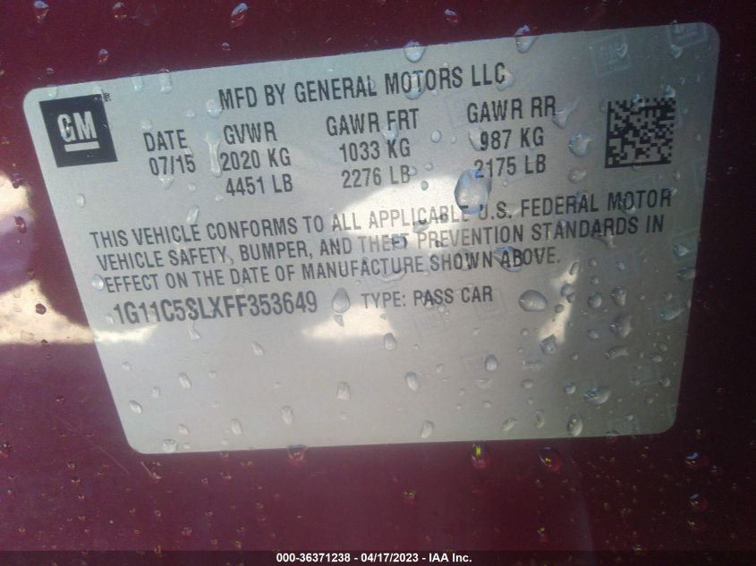 2015 CHEVROLET MALIBU LT - 1G11C5SLXFF353649
