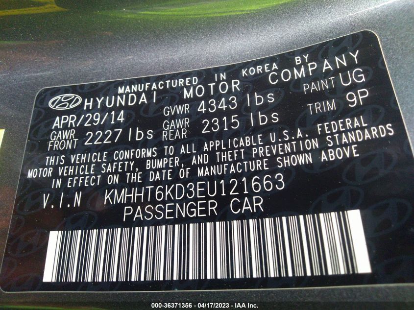 2014 HYUNDAI GENESIS COUPE 2.0T KMHHT6KD3EU121663
