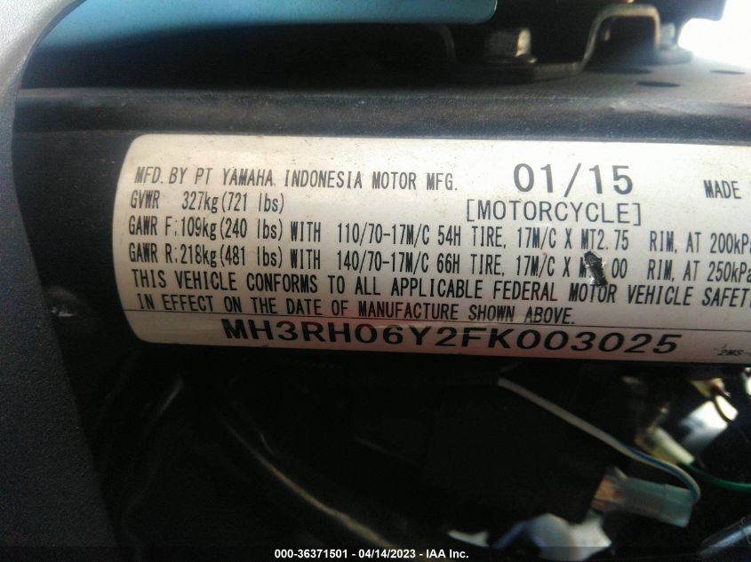 2015 YAMAHA YZFR3 MH3RH06Y2FK003025