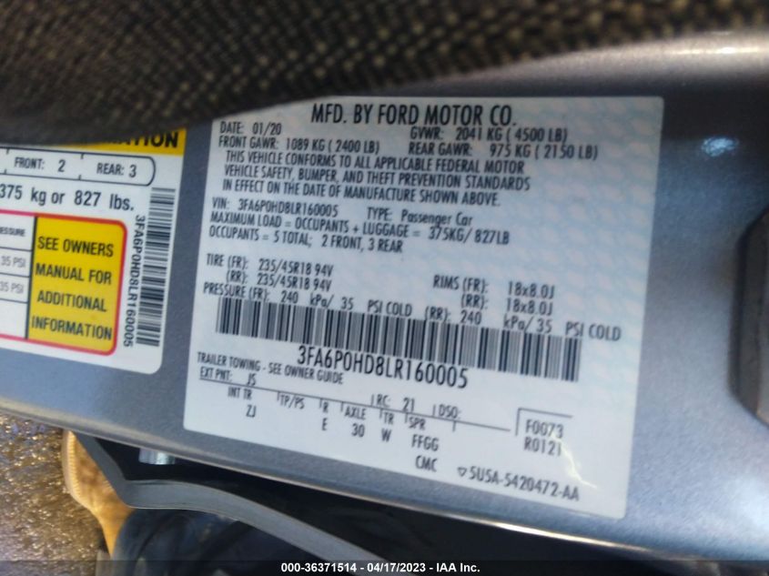 2020 FORD FUSION SE - 3FA6P0HD8LR160005