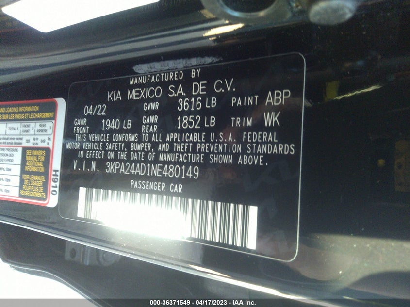 VIN 3KPA24AD1NE480149 2022 KIA RIO LX
