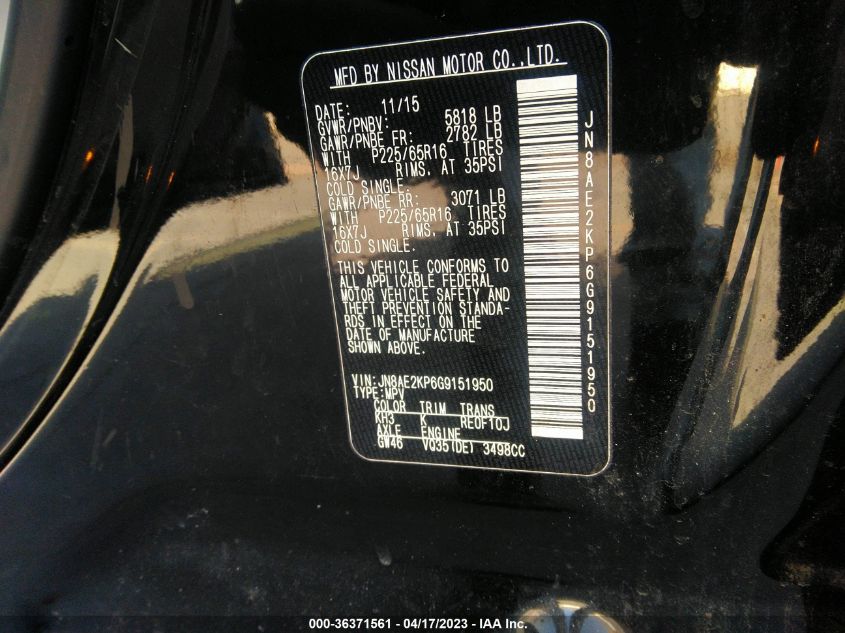 2016 NISSAN QUEST SV/S/PLATINUM/SL - JN8AE2KP6G9151950