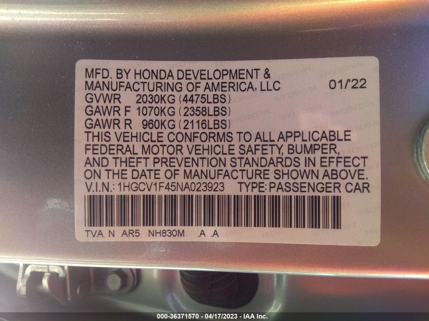 2022 HONDA ACCORD SEDAN SPORT SE - 1HGCV1F45NA023923