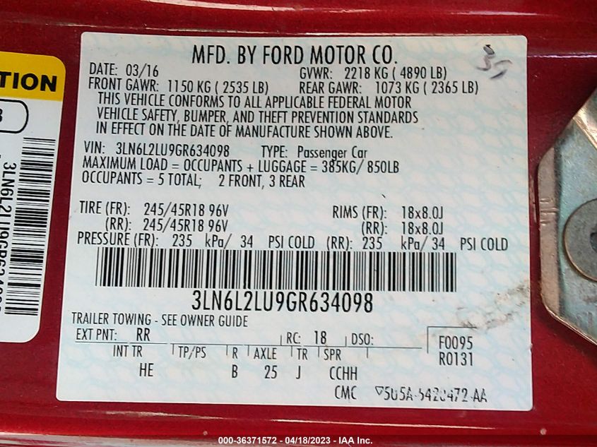 2016 LINCOLN MKZ HYBRID - 3LN6L2LU9GR634098