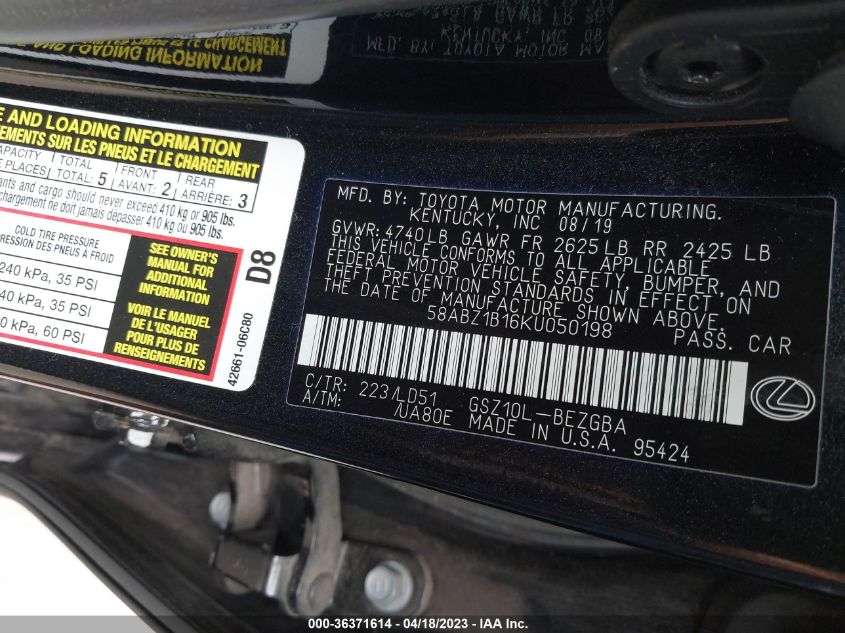 2019 LEXUS ES ES 350 - 58ABZ1B16KU050198