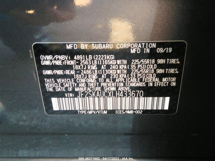 2020 SUBARU FORESTER LIMITED - JF2SKAUCXLH433670