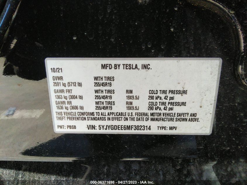 2021 TESLA MODEL Y LONG RANGE - 5YJYGDEE6MF302314