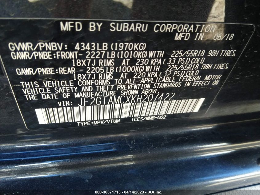 2019 SUBARU CROSSTREK LIMITED - JF2GTAMCXKH207422