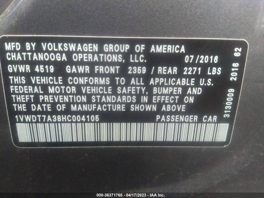 2017 VOLKSWAGEN PASSAT R-LINE W/COMFORT PKG - 1VWDT7A38HC004105