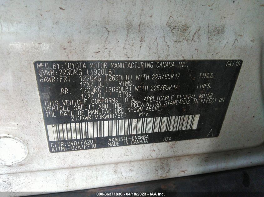 2019 TOYOTA RAV4 HYBRID XLE - 2T3RWRFV3KW007861