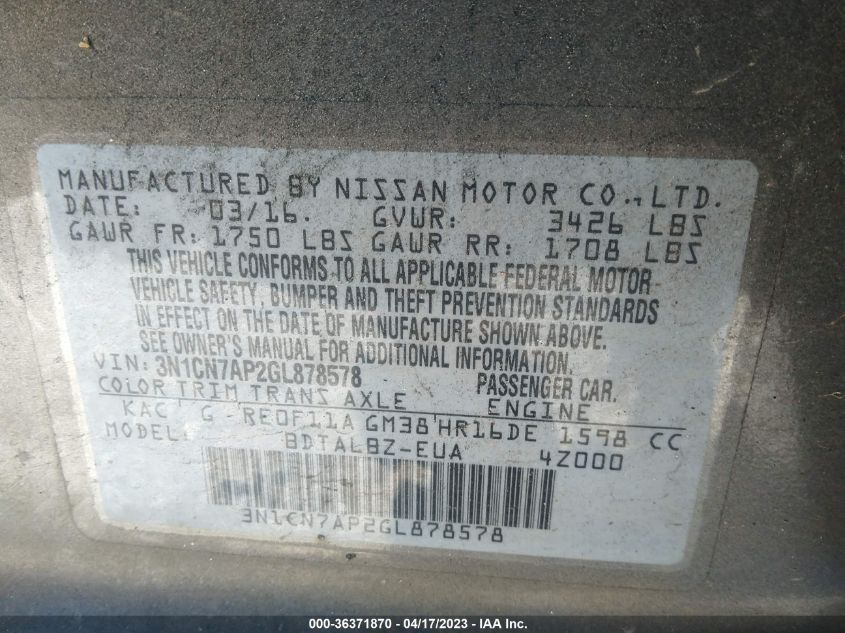 2016 NISSAN VERSA SV - 3N1CN7AP2GL878578