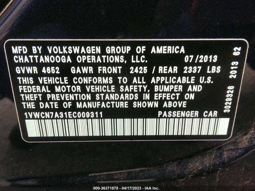 2014 VOLKSWAGEN PASSAT TDI SEL PREMIUM - 1VWCN7A31EC009311