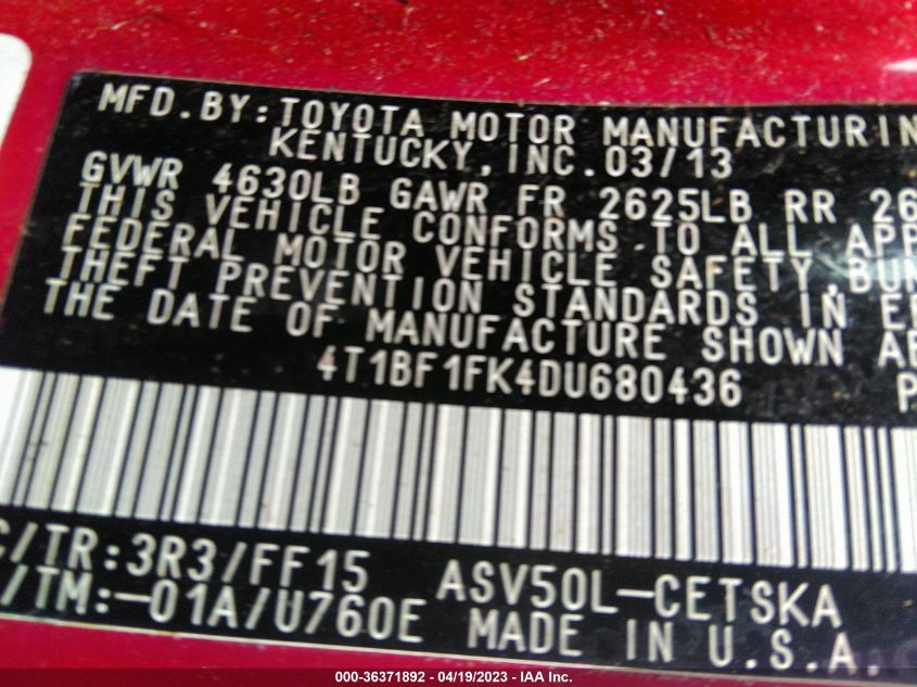 2013 TOYOTA CAMRY L/LE/SE/XLE - 4T1BF1FK4DU680436