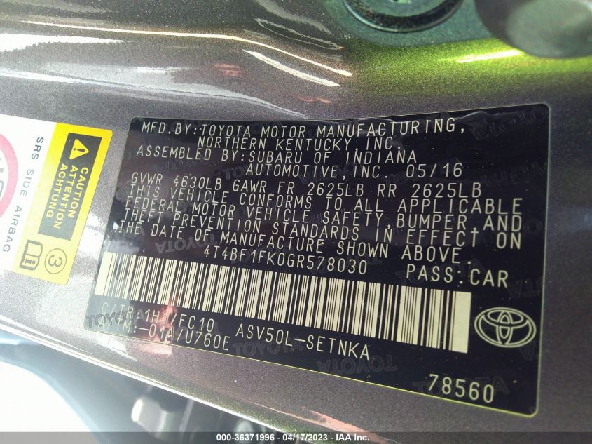 2016 TOYOTA CAMRY XLE/SE/LE/XSE - 4T4BF1FK0GR578030