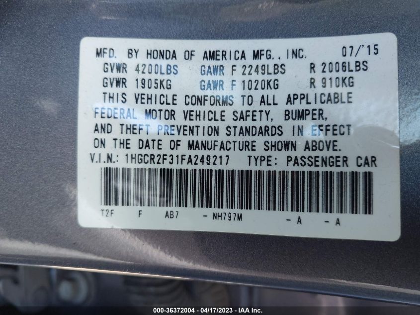 2015 HONDA ACCORD SEDAN LX - 1HGCR2F31FA249217