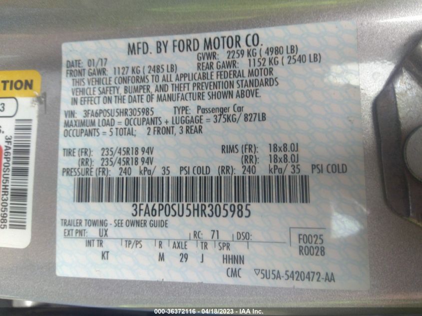 2017 FORD FUSION ENERGI TITANIUM - 3FA6P0SU5HR305985