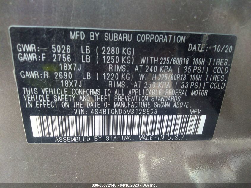 2021 SUBARU OUTBACK LIMITED XT - 4S4BTGND5M3128903